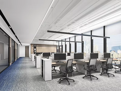 Modern Public Office Space With Open Layout Workstations Computers Ergonomic Chairs And Large Windows 3d model