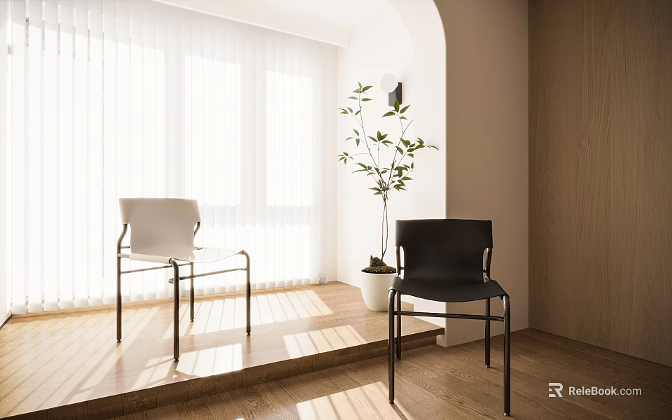 White and Black Dining Chairs In Sunlit Room With Wooden Floor And Green Plant 3d model 