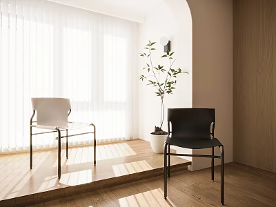 White and Black Dining Chairs In Sunlit Room With Wooden Floor And Green Plant 3d model