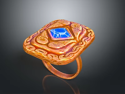 Classic Elegant Golden Carved Ring Featuring Blue Gemstone And Intricate Design 3d model
