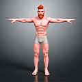 Muscular Man With Red Hair And Beard In Gray Shorts Standing With Arms Outstretched