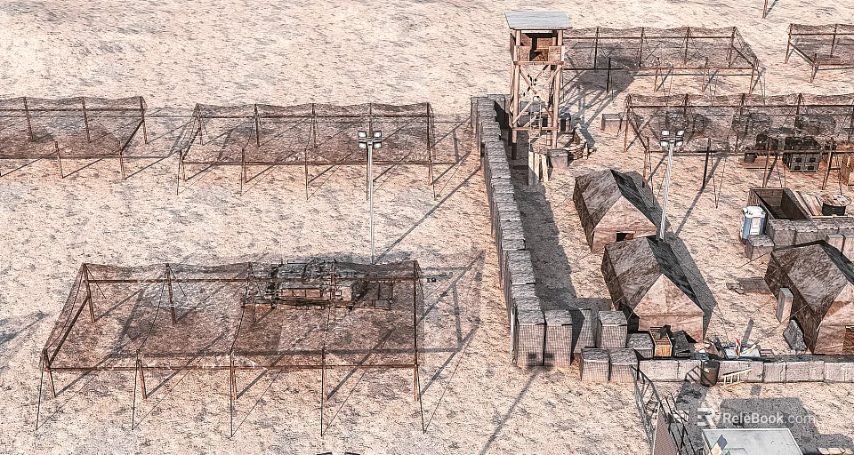 Ancient Defensive Fortifications Site With Stone Wall Watchtower Fences And Traditional Houses 3d model 