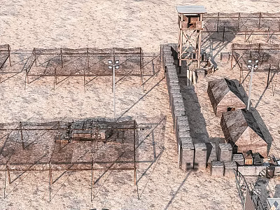 Ancient Defensive Fortifications Site With Stone Wall Watchtower Fences And Traditional Houses 3d model
