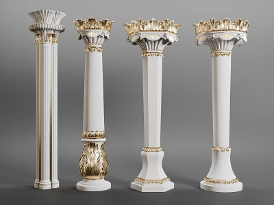Classical Roman Columns With Various Designs White Bodies Gold Accents And Ornate Capitals 3d model