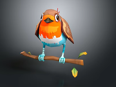 Cartoon Style Bird With Orange Chest Brown Wings Blue Legs Perched On Branch 3d model