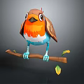 Cartoon Style Bird With Orange Chest Brown Wings Blue Legs Perched On Branch