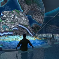 Interactive Giant Globe Model With Blue Lighting Effects And Yellow Lines Viewed By People 3d model