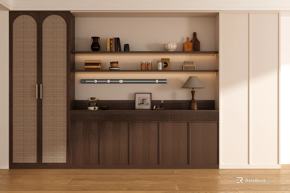 Natural Wood Wine Cabinet Design Featuring Shelves With Wine Bottles Decorative Items And Table Lamp 3d model 