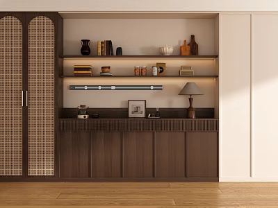 Natural Wood Wine Cabinet Design Featuring Shelves With Wine Bottles Decorative Items And Table Lamp 3d model