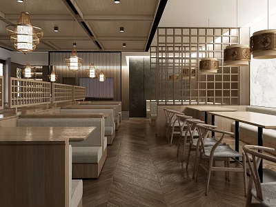 Modern Restaurant Interior With Wooden Furniture Long Tables Hanging Lamps And Herringbone Floors 3d model