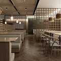 Modern Restaurant Interior With Wooden Furniture Long Tables Hanging Lamps And Herringbone Floors