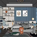 Cozy Kids Room Interior With Bed Desk Stuffed Toys And Blue Decorative Walls