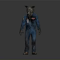 Person In Blue Jumpsuit With Wolf Head Mask And Yellow Eyes Horror Costume