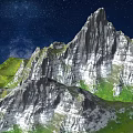 Park Landscape With Mountain Peaks Green Grass And White Rocks Under Starry Sky