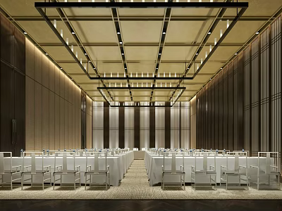 Elegant Conference Room With Long Tables White Chairs Dark Walls Curtains And Modern Ceiling Lighting 3d model