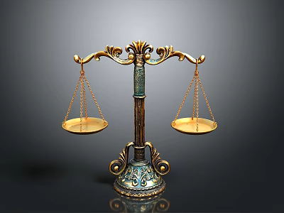 Ornate Brass Balance Scale Sculpture With Intricate Carved Design And Golden Plates 3d model