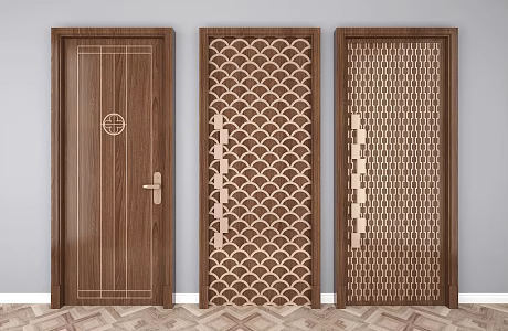 New Chinese Style Flat Wooden Door 3d model