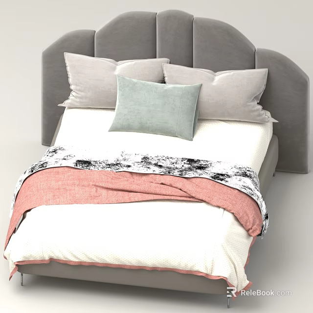 Bed With Grey Headboard Pillows Light Green Accent Pillow White Sheet And Pink Patterned Blanket 3d model 