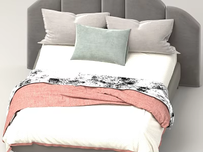 Bed With Grey Headboard Pillows Light Green Accent Pillow White Sheet And Pink Patterned Blanket 3d model
