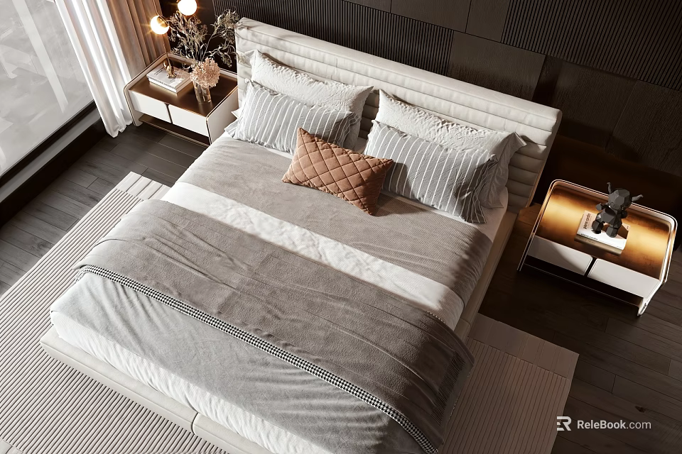 Double Bed With Gray White Bedding Striped Pillows Brown Cushion And Bedside Tables 3d model 