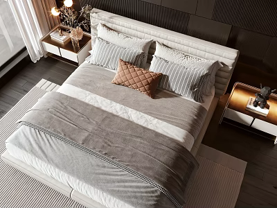 Double Bed With Gray White Bedding Striped Pillows Brown Cushion And Bedside Tables 3d model