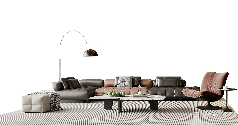 Modern Sectional Sofa Coffee Table Set With Throw Pillows And Striped Rug 3d model 