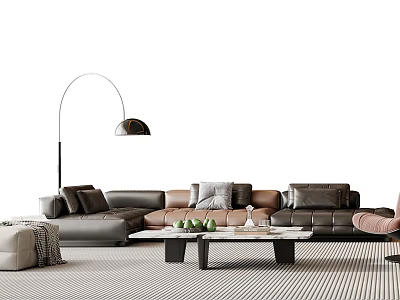 Modern Sectional Sofa Coffee Table Set With Throw Pillows And Striped Rug 3d model