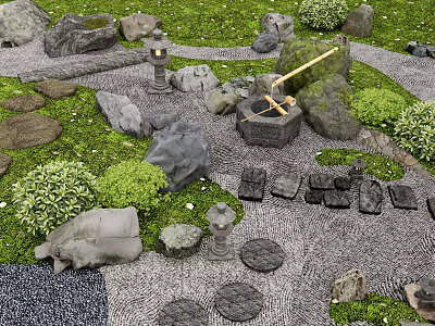 Traditional Japanese Garden Design With Stone Lanterns Mossy Rocks And Stepping Path 3d model