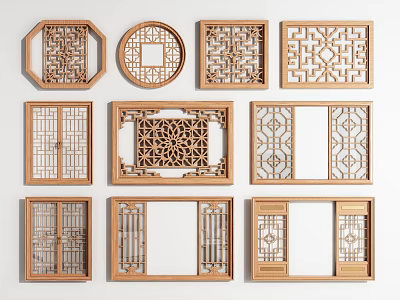 Traditional Wooden Casement Windows With Intricate Carved Patterns And Various Designs 3d model