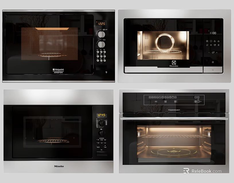 Modern Kitchen Appliances Featuring Stainless Steel Microwave Ovens With Digital Controls And Interior Light 3d model 