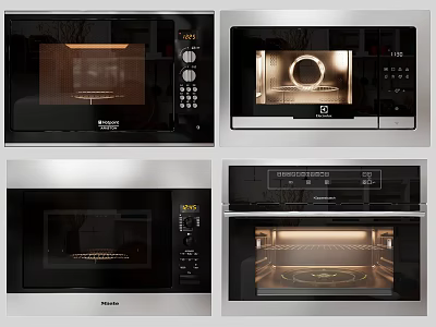 Modern Kitchen Appliances Featuring Stainless Steel Microwave Ovens With Digital Controls And Interior Light 3d model