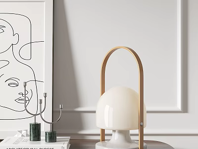Modern Minimalist Table Lamp With White Dome Shade And Wooden Arch Handle On Desk 3d model