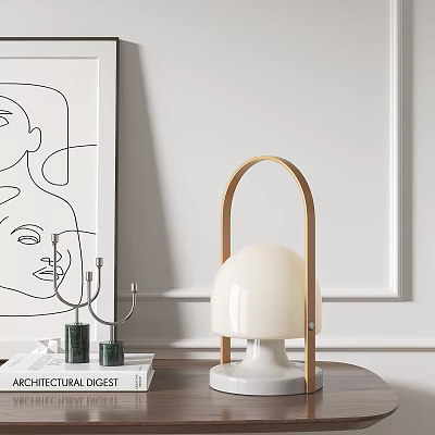 Modern Minimalist Table Lamp With White Dome Shade And Wooden Arch Handle On Desk 3d model