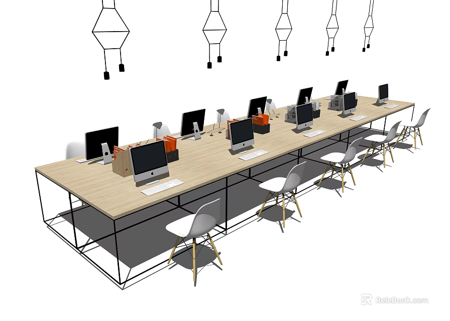 Modern Long Office Desk Workspace With Computers Chairs And Pendant Lights 3d model