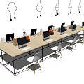 Modern Long Office Desk Workspace With Computers Chairs And Pendant Lights 3d model