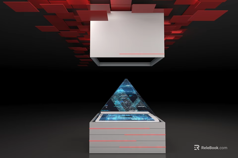 White Display Cabinet With Blue Pyramid Holographic Projection Red Square Ceiling And Red Line Decorations 3d model 