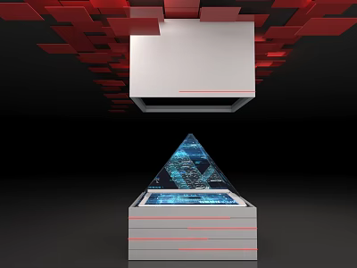 White Display Cabinet With Blue Pyramid Holographic Projection Red Square Ceiling And Red Line Decorations 3d model