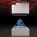 White Display Cabinet With Blue Pyramid Holographic Projection Red Square Ceiling And Red Line Decorations