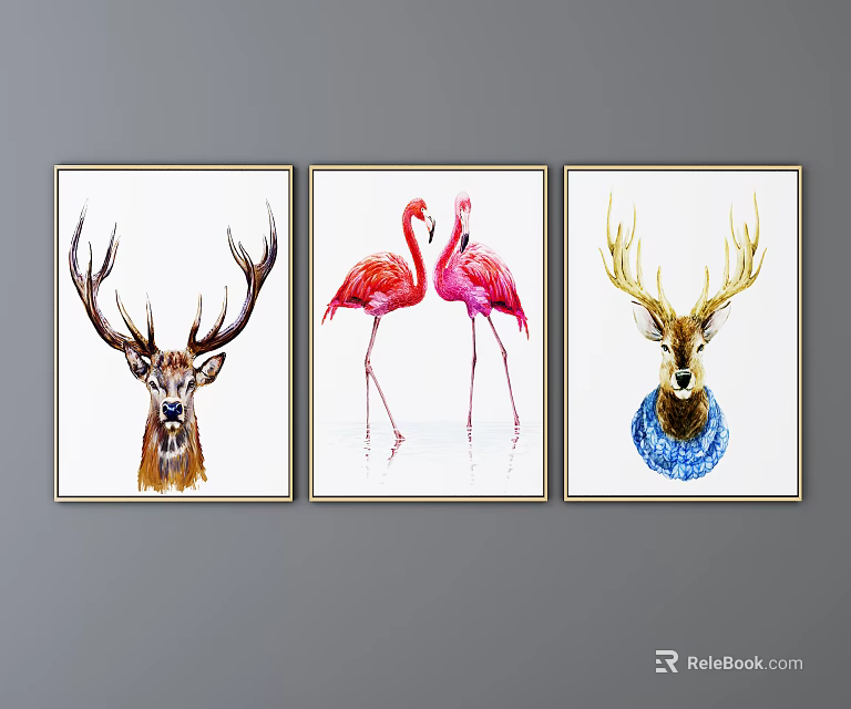 Watercolor Animal Paintings Wall Art Featuring Deer and Flamingos Decorative Set 3d model 
