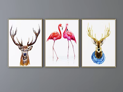 Watercolor Animal Paintings Wall Art Featuring Deer and Flamingos Decorative Set 3d model