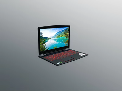 Modern Open Laptop With Scenic Screen Display And Red Backlit Keyboard 3d model