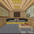 Traditional Chinese Sauna Interior With Wooden Structure Chinese Medicine Murals Calligraphy And Geometric Floor Pattern