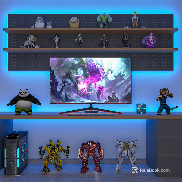Gaming Desk Setup With Monitor Gaming Screen Action Figures LED Lights And Shelves 3d model 