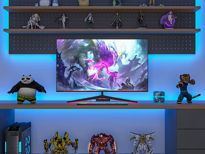 Gaming Desk Setup With Monitor Gaming Screen Action Figures LED Lights And Shelves 3d model