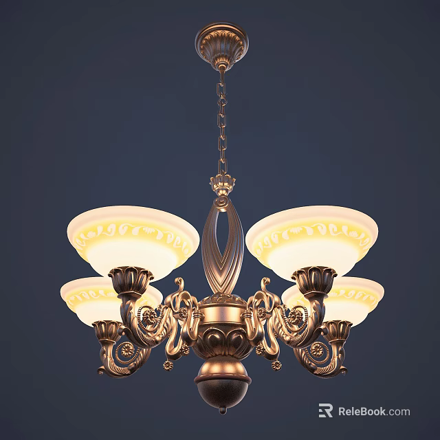 Vintage Classic Chandelier With White Carved Shades Gold Metal Frame And Ornate Design 3d model 