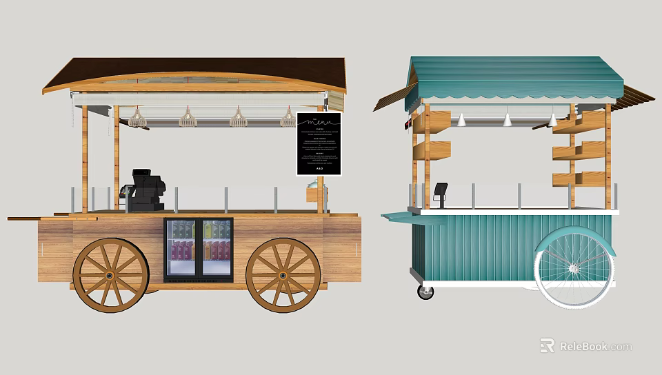 Wooden Teal Mobile Food Carts with Canopy Menu Board Cooler Shelves for Outdoor Vending 3d model 