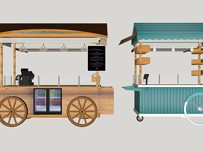 Wooden Teal Mobile Food Carts with Canopy Menu Board Cooler Shelves for Outdoor Vending 3d model