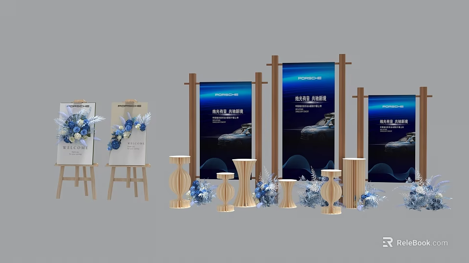 Elegant Floral Installation with Fresh Bouquets Wooden Stands Blue Backdrops and Vases 3d model 