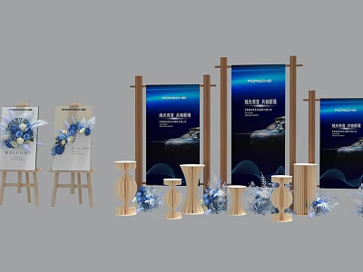 Elegant Floral Installation with Fresh Bouquets Wooden Stands Blue Backdrops and Vases 3d model