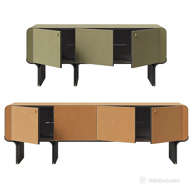 Modern Dresser Design with Olive Green and Tan Finish Open Storage Cabinets and Black Legs 3d model 